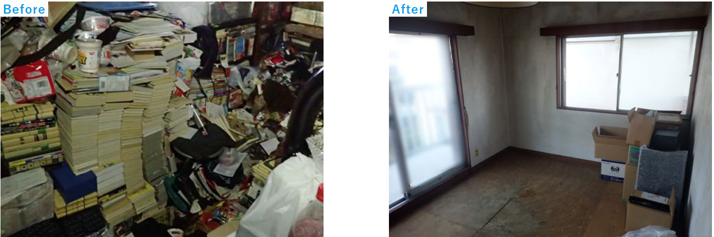 事例２．【横浜市港南区】大量の本が積まれた部屋の孤独死現場の特殊清掃