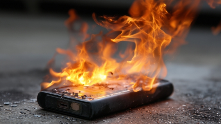 発火し炎を上げているモバイルバッテリーのイメージ写真