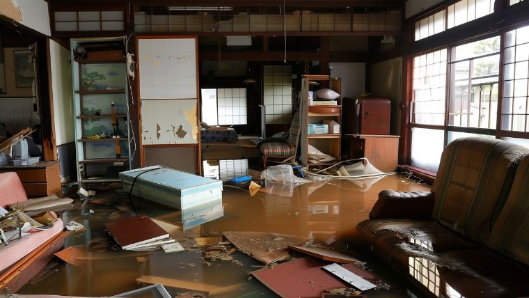 壁内浸水や下地腐敗などが疑われる甚大な床下浸水の状況のイメージ写真