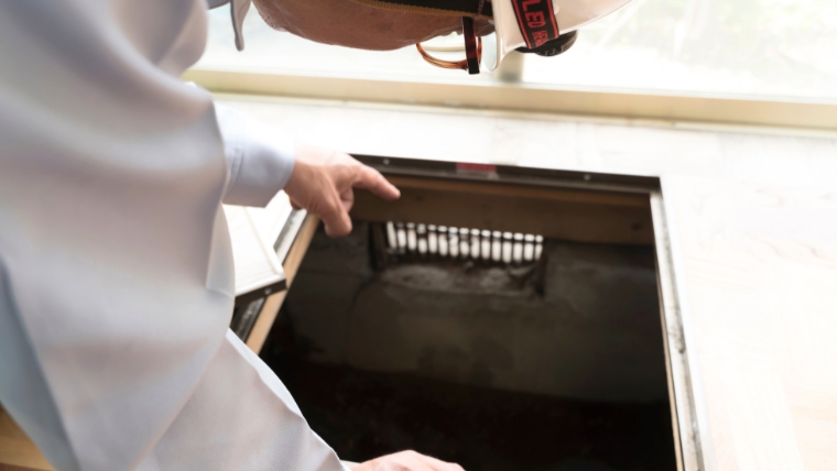 床下浸水を自分で処理する際に、ヘルメットや防護具を着用して安全確認を行う様子