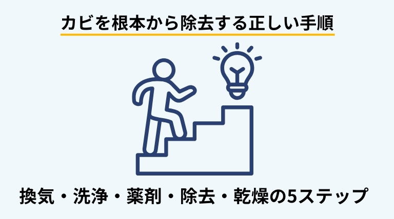 カビを殺菌・死滅させるための正しい除去手順を5つのステップで示したバナー画像