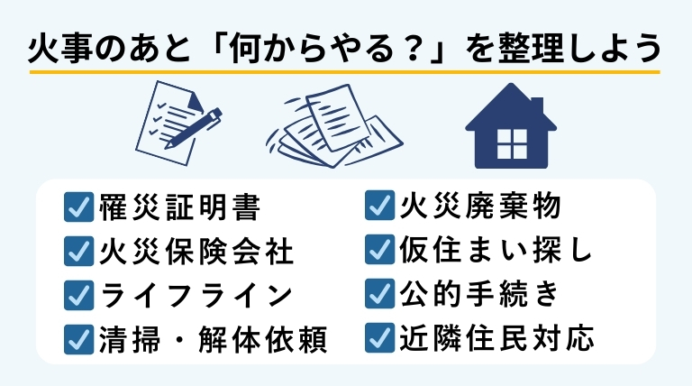 火事の後に必要な8つの手続きを順番に確認することを促すバナー画像
