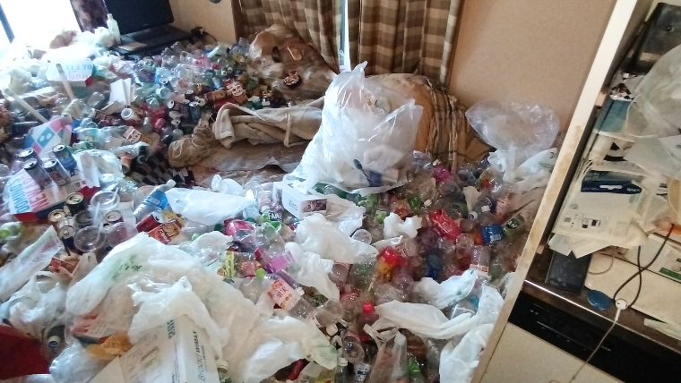 汚部屋の掃除前の状態を示す写真で、物やゴミが散乱している部屋の様子