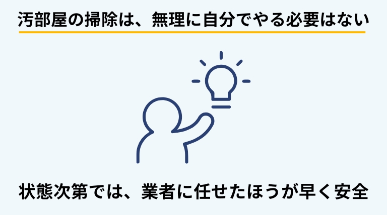 汚部屋の掃除を自分で行うか業者に依頼するかの判断について、ゴミの量や衛生状態、時間的制約などを基準に解説する見出しバナー画像
