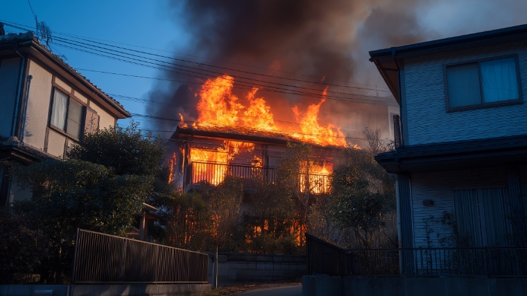 火災が発生し、建物が燃えている最中の住宅の様子を写した写真