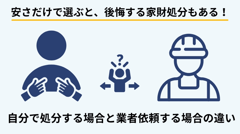家財の処分を安さだけで判断すると後悔する可能性があることを示し、自分で処分する場合と業者に依頼する場合の違いを解説する見出しバナー画像