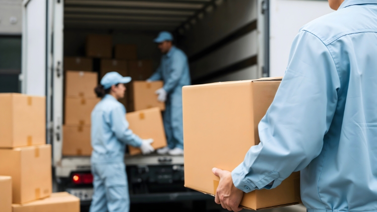 残置物処分を依頼する業者の選び方を解説するセクションで使用する、業者がダンボールをトラックに積載している作業風景の写真