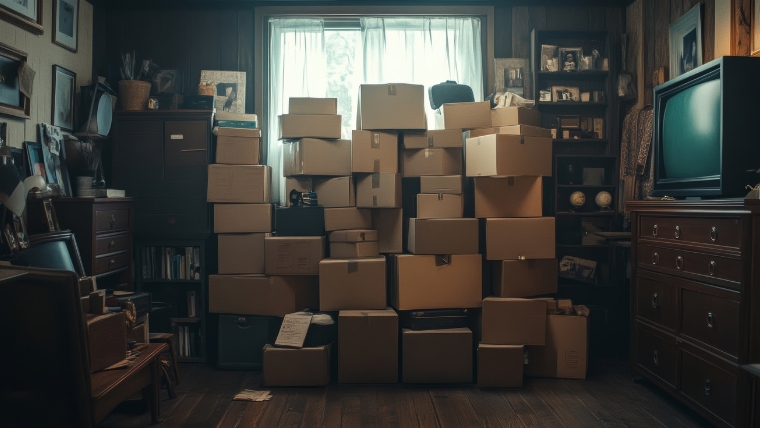 部屋の中に残置物が大量に積み上がり、撤去作業の負担が大きくなっている状態の写真