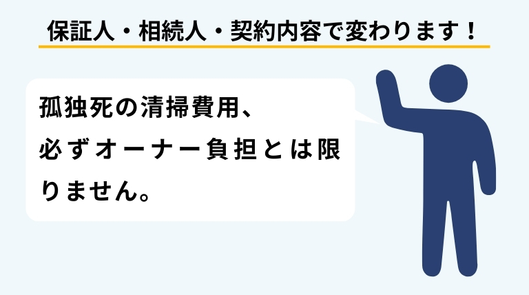孤独死が発生した際に、特殊清掃費用を誰が負担するのかについて、オーナー・保証人・相続人のケース別に解説する吹き出し風バナー画像