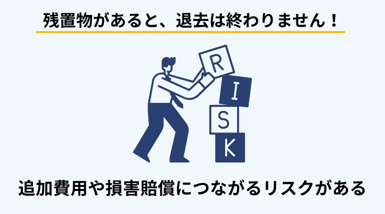 引っ越し後に残置物があることで、原状回復未完了や追加費用、損害賠償につながるリスクを解説するバナー画像