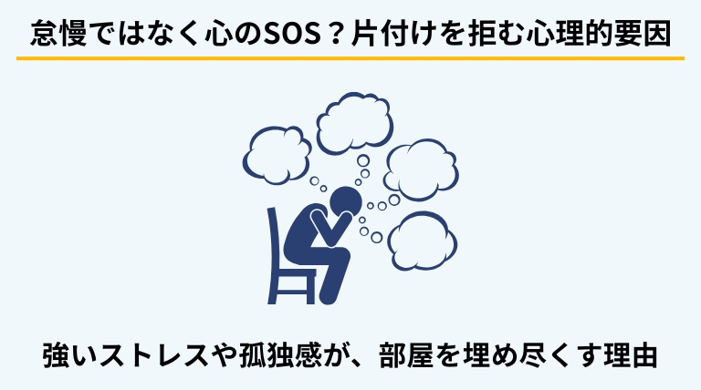 ゴミ屋敷化の背景にある主な心理的原因を解説するバナー。ストレス、孤独感、過去のトラウマなど、心が片付けを拒むメカニズムを提示。