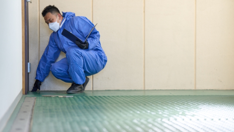 青い作業服とマスクを着用した男性スタッフが部屋の隅にしゃがみ込んで床を確認している様子