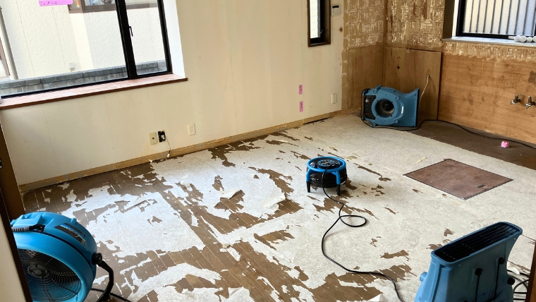 床材が剥がされた空室に青い業務用送風機・乾燥機が複数台設置されている様子