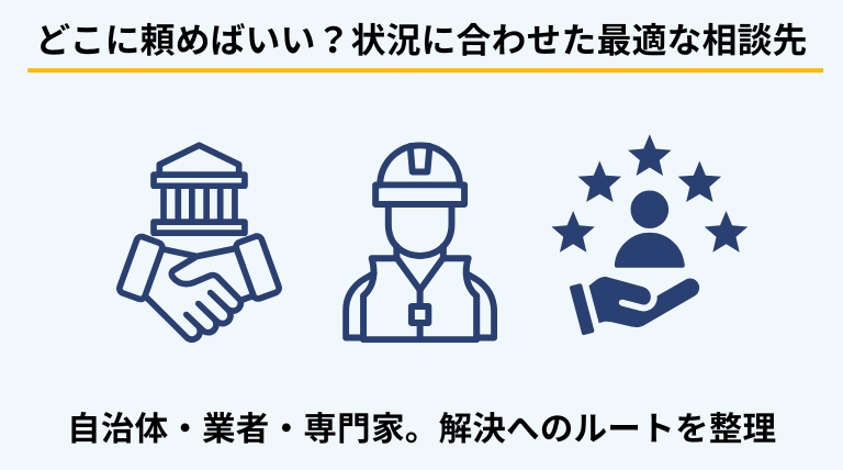 ゴミ屋敷の悩みを相談できる窓口を状況別にまとめたバナー。自治体、保健所、管理会社、専門業者など、適切な相談先の選び方を提示。