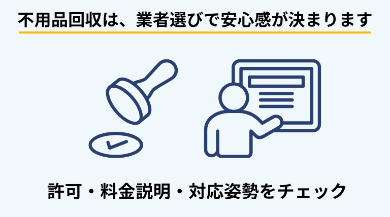不用品回収を安心して依頼するために、許可の有無や料金説明、対応姿勢など業者選びのポイントを解説するバナー画像