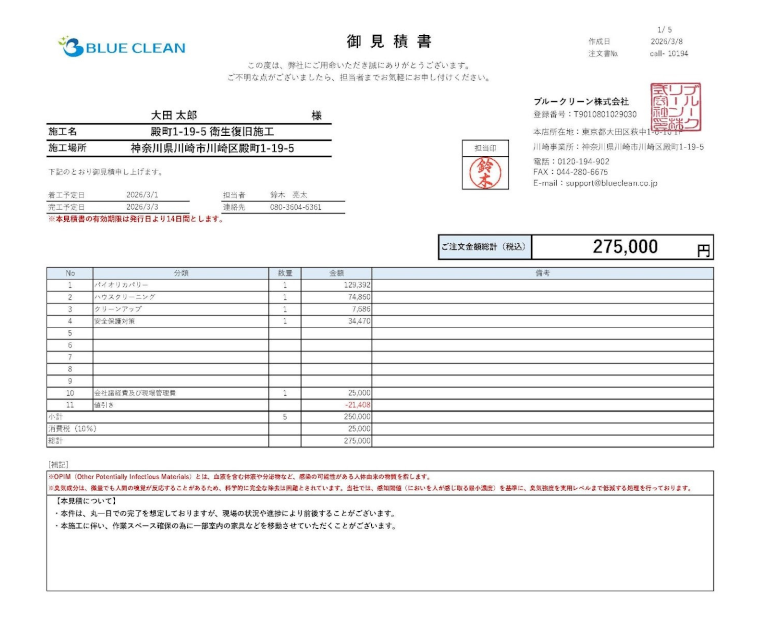 特殊清掃の費用の詳細が記載されているブルークリーンの実際の見積書