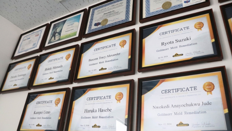 壁に額入りで展示された複数の認定証。Ryota Suzuki・Hideki Matsuda・Haruka Hasebe・Kunpei Ueno・Nwokedi Anayochukwu Judeなど個人名入りのGoldmoor Mold Remediation認定証が確認できる