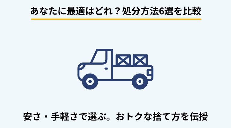 エアコンの正しい処分方法6選を比較解説するバナー。家電量販店での下取り、指定引取場所への持ち込み、不用品回収、買取など、状況に合わせた最適な選び方を提示。