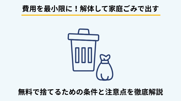 ベッドを解体して家庭ごみとして処分する方法を解説するバナー。木製フレームを細かく切断して自治体の規定サイズに収める手順や、メリット・デメリットを提示。