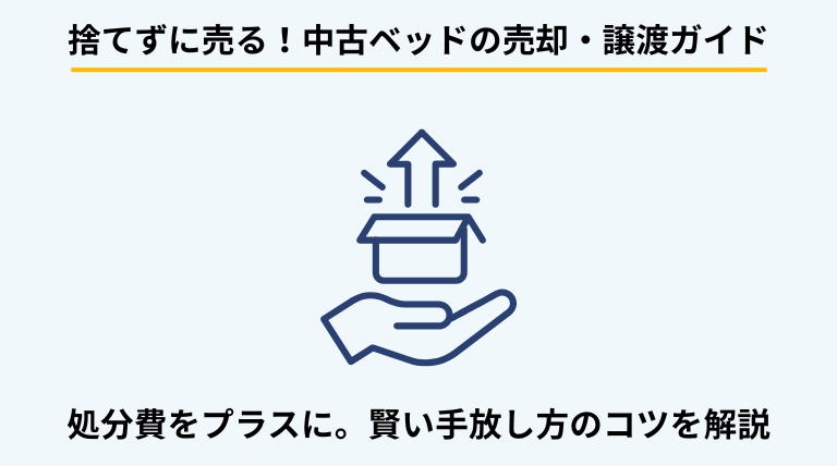 ベッドをリサイクルショップやフリマアプリ、地域掲示板で売却・譲渡する方法を解説するバナー。処分費用をかけずに手放すメリットやデメリット、売れやすいベッドの条件を提示。