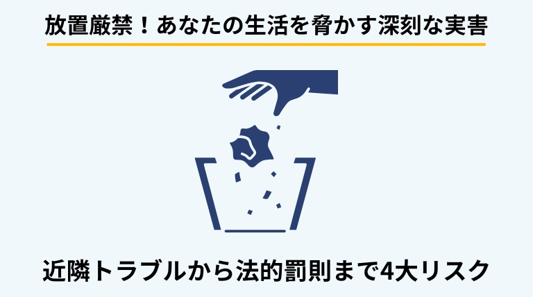 ゴミを分別しないことで発生する4つの主なリスクを解説するバナー。近隣トラブルや法的罰則などの具体的な実害を提示。