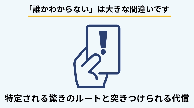 不適切なゴミ分別の特定リスクを解説するバナー。ゴミから排出者が特定される経路と、その後に発生するリスクを提示。