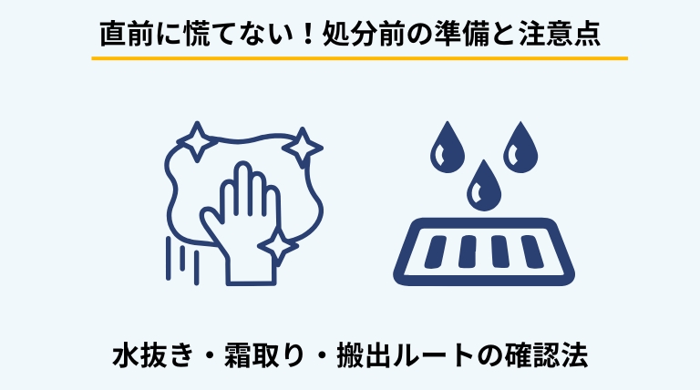 冷蔵庫を処分する前に必要な準備を解説するバナー。前日までの電源OFF、水抜き、霜取りの手順、搬出経路のサイズ確認などの注意点を提示。