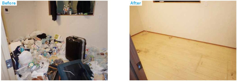【横浜市金沢区】食品ごみとタバコの吸い殻が散乱した汚部屋の清掃施工事例