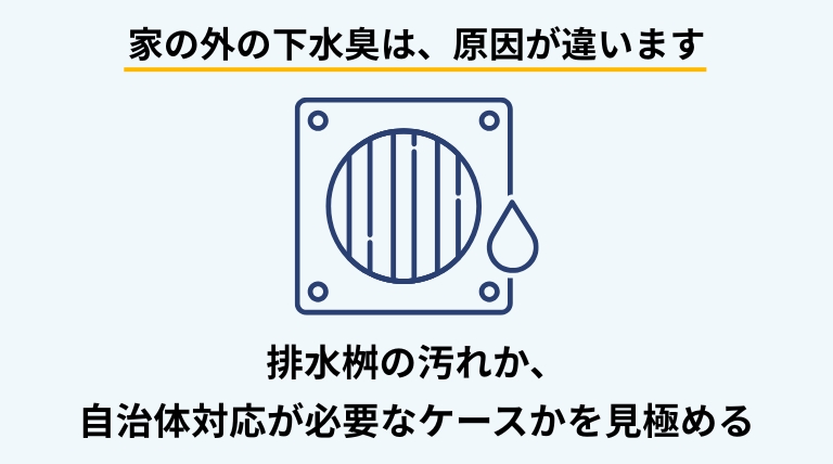家の外で下水の臭いがする場合の原因と、排水溝清掃や自治体へ相談すべきケースを解説するバナー画像