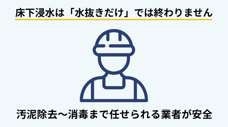 床下浸水の水抜き作業は専門工程が多く、業者に依頼するのがおすすめであることを伝えるバナー画像