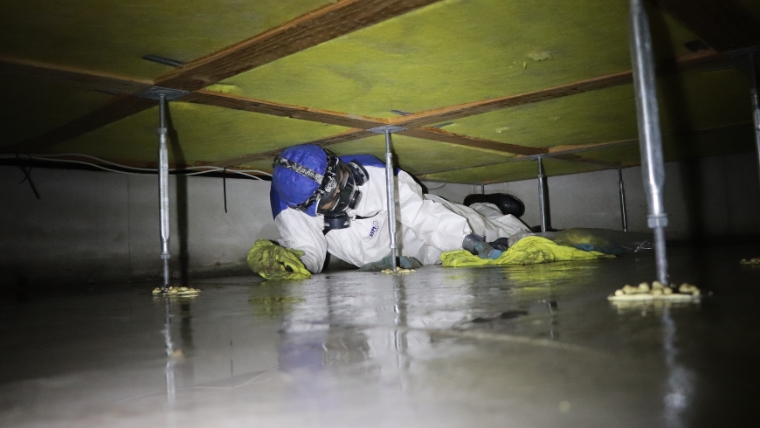 床下浸水時に排水ポンプを使用し、作業員が床下に溜まった水を除去している様子