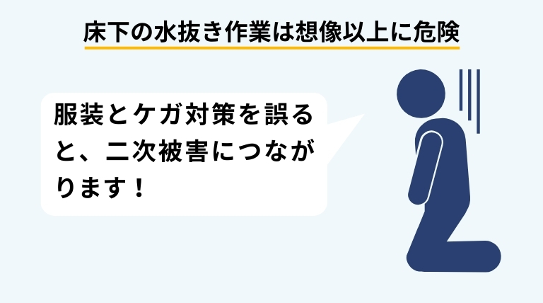 床下浸水の水抜き作業を行う際に注意すべき安全対策や服装、ケガ防止のポイントを解説するバナー画像
