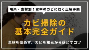 家中のカビ掃除を網羅した完全ガイドのアイキャッチ。浴室や壁など場所別の掃除法と、素材を傷めないコツを解説。