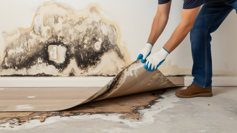 部屋にカビが発生する原因を解説するバナー。湿度、温度、栄養(汚れ)というカビの繁殖条件と、発生のメカニズムを提示。