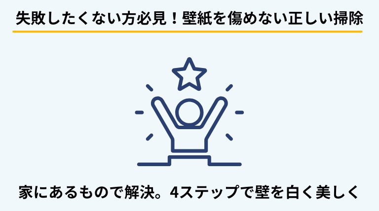 壁紙のカビを自宅で落とすための正しい掃除手順を解説するバナー。壁紙の素材を傷めないための注意点や、アルコールや中性洗剤などを使用した具体的なステップを提示。