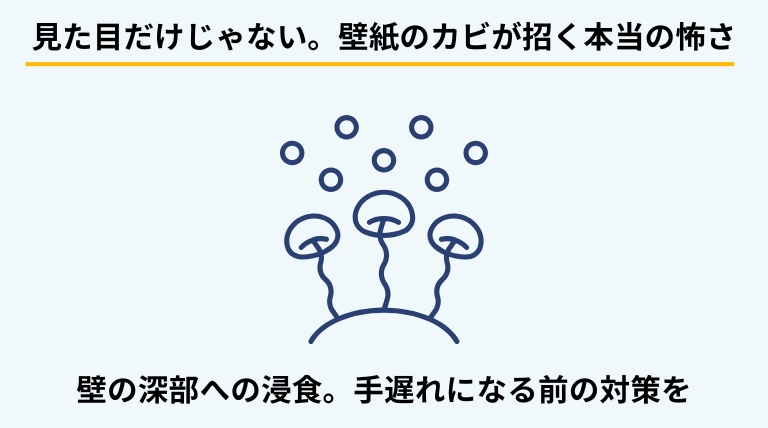 壁紙のカビを放置するリスクを解説するバナー。アレルギーなどの健康被害や、壁紙の裏側・下地までカビが浸食し、大規模なリフォームが必要になるリスクを提示。