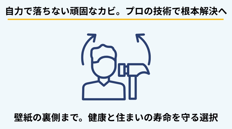 壁紙のカビが自力で落とせない場合に専門業者へ依頼するメリットを解説するバナー。壁紙の裏側や下地に浸透したカビの根絶、素材を傷めないプロの技術について提示。