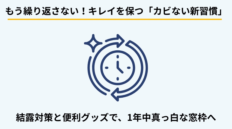 窓枠のカビ再発を防ぐための予防法を解説するバナー。結露防止シートや除湿対策、こまめな換気など、清潔な窓辺を維持するコツを提示。