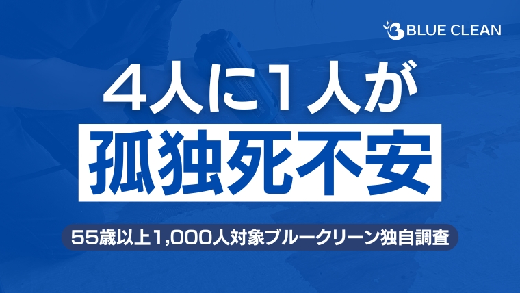ブルークリーン株式会社による孤独死に関する独自調査のお知らせ画像。55歳以上1,000人を対象とした調査で、4人に1人が孤独死に不安を感じていることが判明。