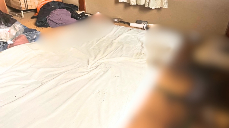 川崎市川崎区の孤独死現場|布団にOPIMが浸透し衛生害虫が発生した施工前の室内状況