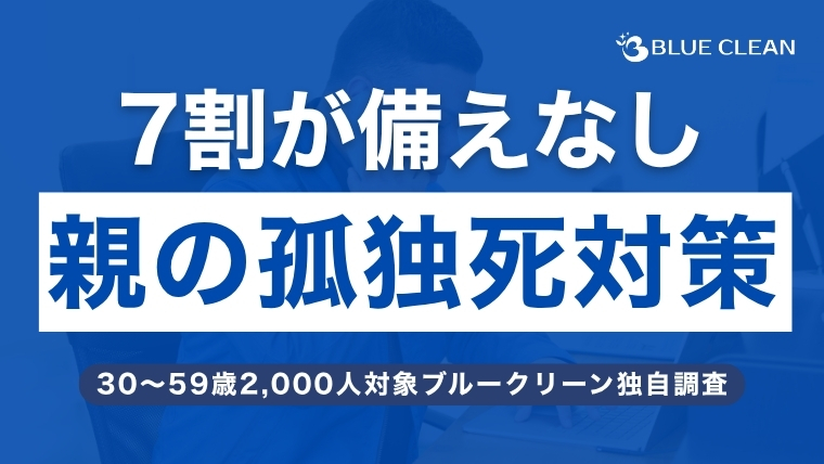 30〜59歳2,000人を対象としたブルークリーン株式会社独自調査のアイキャッチ。親の孤独死対策について7割が備えなしという調査結果を示す。