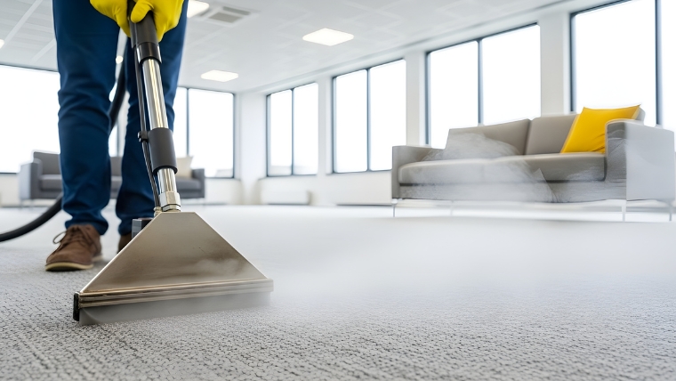 黄色いゴム手袋を着用した作業員と思われる人物が、業務用スチームクリーナーでカーペットを洗浄しているイメージ