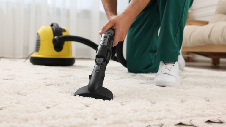 緑の作業服と思われる人物が、スチームクリーナーを使って白いカーペットを洗浄しているイメージ。生乾き臭・カビ臭の原因となる湿気や汚れを除去する作業を想起させる