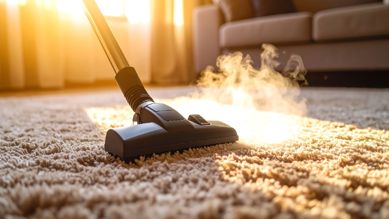 スチームクリーナーのヘッドからカーペットに蒸気が当たっているイメージ。洗えないカーペットの臭いを高温スチームで除去する方法を想起させる