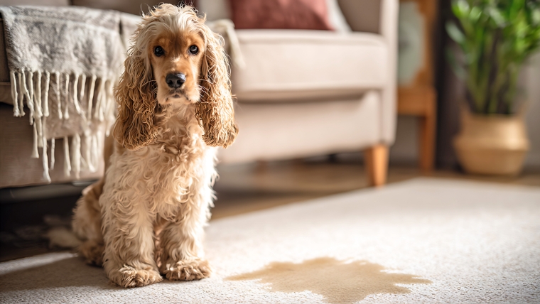 カーペットの上に座るコッカースパニエルと思われる犬のそばに尿のシミが広がっているイメージ。ペットの粗相によるカーペットの臭い汚染を想起させる