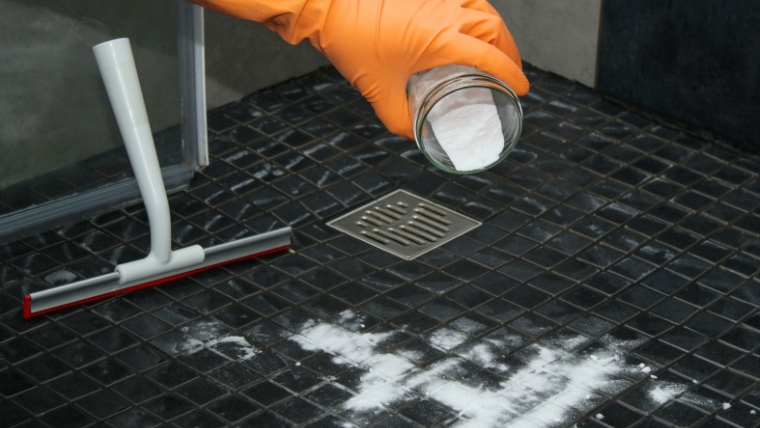 オレンジ色のゴム手袋を着用した人物と思われる手が、浴室タイルの排水口周辺に重曹と思われる白い粉末を振りかけているイメージ。強烈な匂いに効果的な消臭グッズの活用法を想起させる
