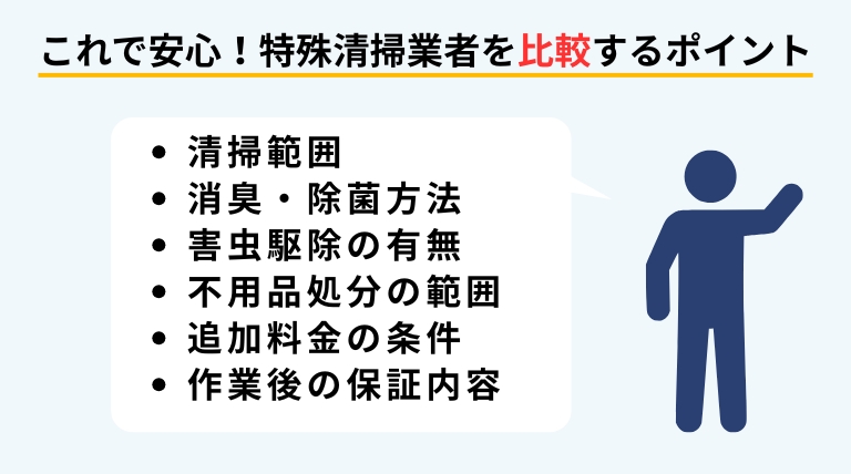 特殊清掃業者を比較するコツを明示しているバナー
